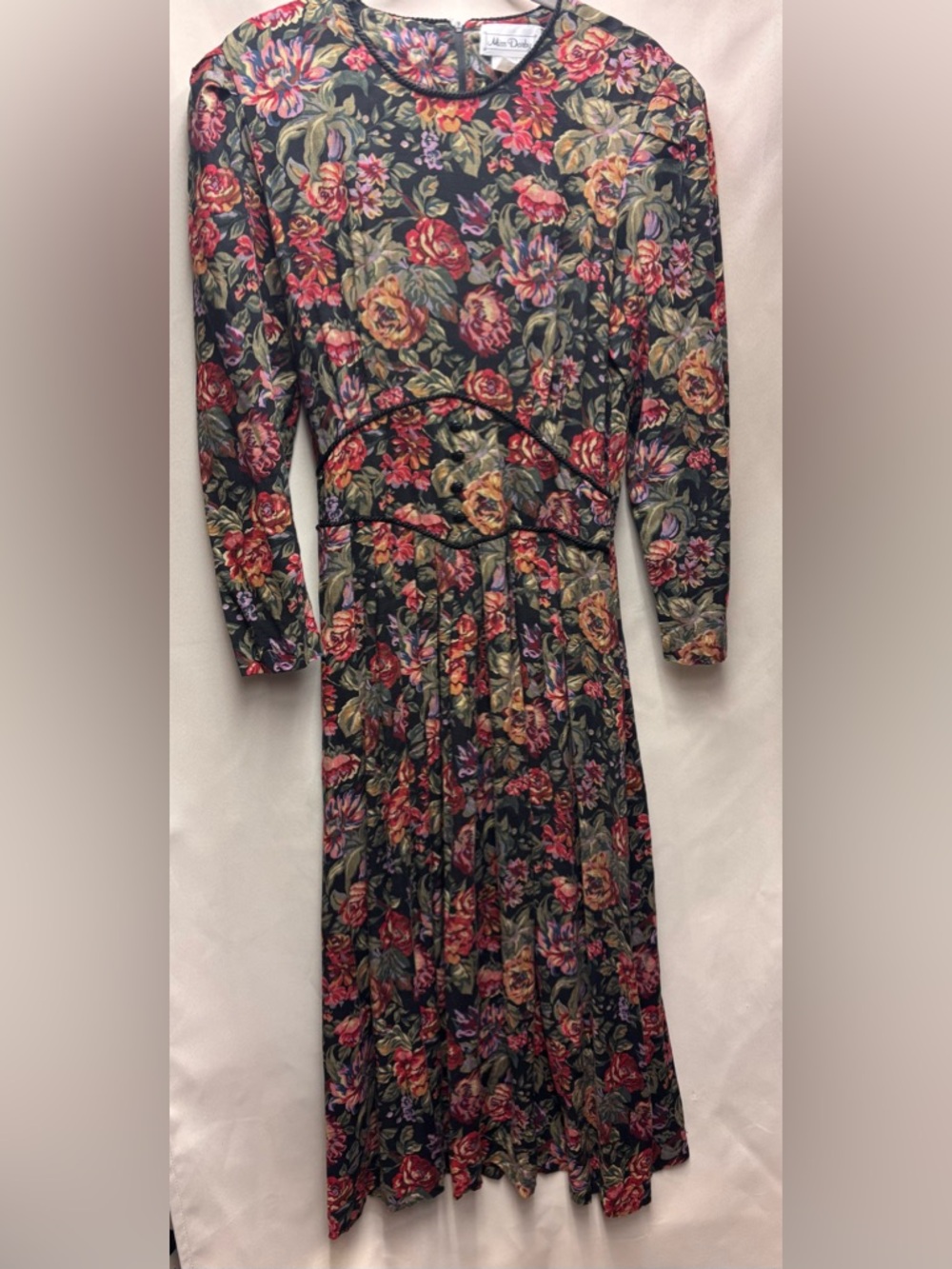 Miss Dorby Vintage 80’s Black Floral Maxi Dress Long Sleeve Rayon Size 14